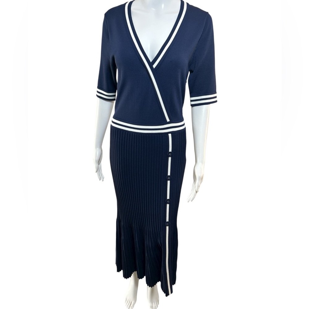 Olga Sweater Dress Navy blue Maxi Dress with White Trim